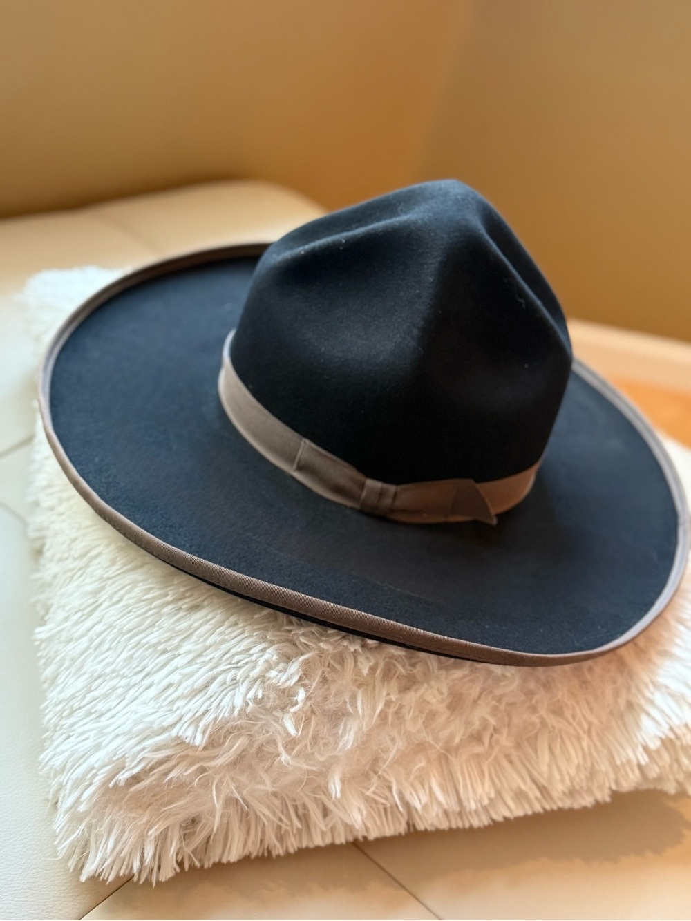 Rand’s custom made 20X Beaver felt men’s black wide-brim hat-taupe trim sz 7 1/2